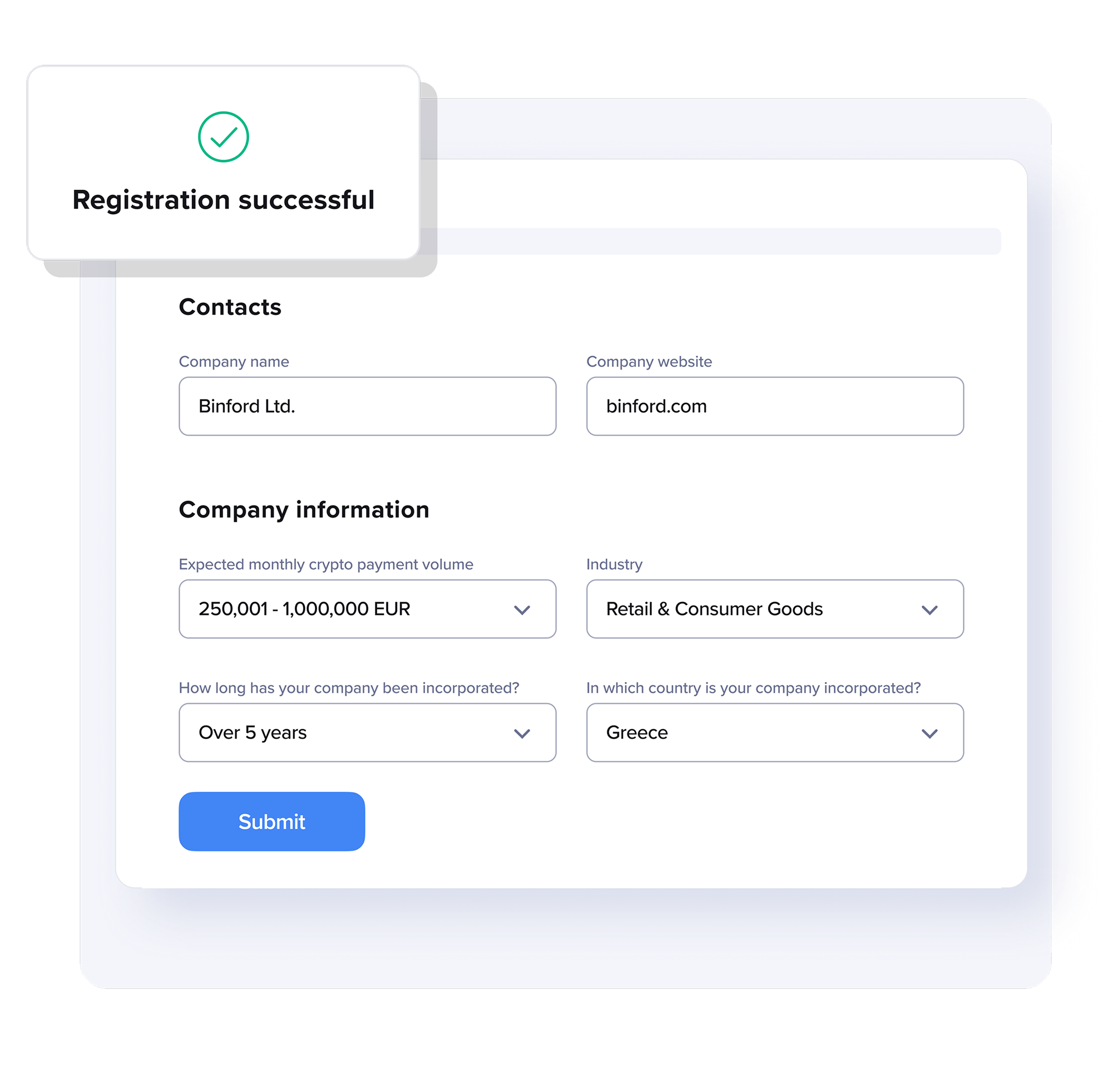 Create a Cryptopay Business account, submit your company details, complete verification, and sign the agreement.